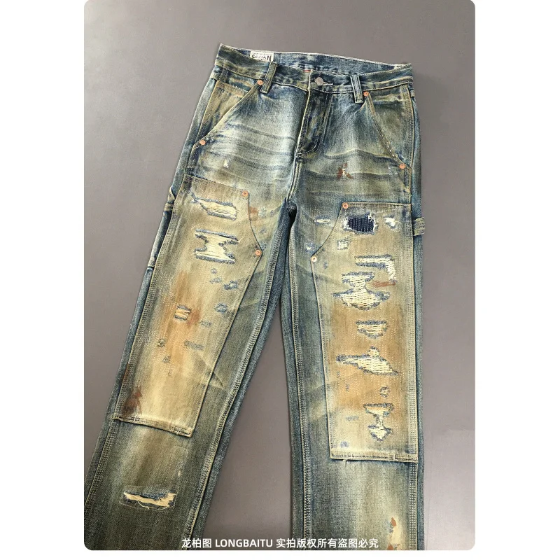 

Мужские джинсы в стиле ретро, новинка 2023 года с дырочкой, свободная прямая трубка, неэластичные, сверхпрочные потертые джинсовые брюки.