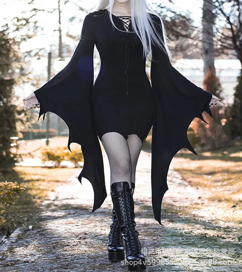 Women's Gothic Dress Batwing Sleeve Halloween Goth Dress Sexy Party Long Sleeve Black Saints Day Bodycon Dresses Cosplay Dress