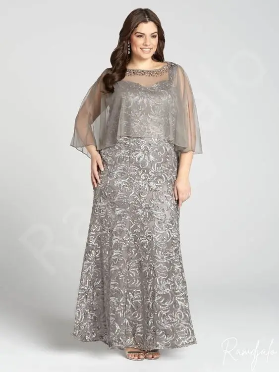 Elegant Silver Mother of the Bride Dresses Sheer Beaded Neckline Flowing Cape Sleeves Flared Full Long Plus Size 2-26W Customize