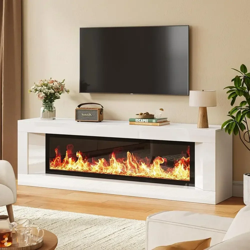 High Gloss TV Stand for 47 Electric Fireplace, 63 Unheated Entertainment Center with Fireplace, Cherry Wood TV Stand for 12 Elec