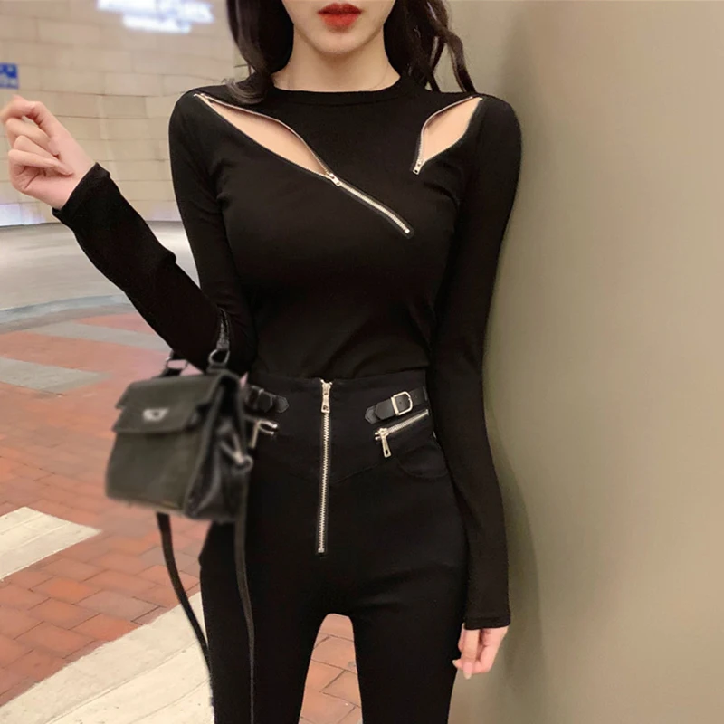 Casual Ladies Tops Zipper Sexy Bottoming Shirt Solid Color Korean Version Crew neck top Short Slim fit t-shirt