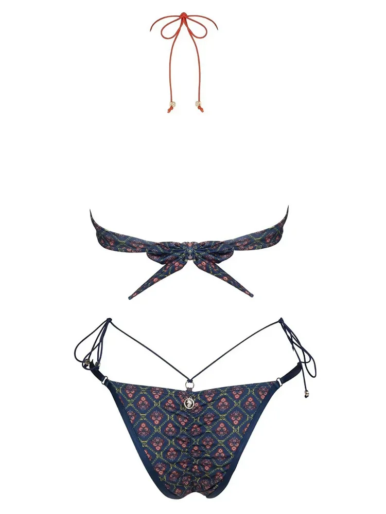 Conjunto de Bikini con cordones y estampado Sexy para mujer, traje de baño dividido de cintura alta, Bikini sin espalda para playa, nuevo traje de baño de verano 2025, conjunto de Bikini