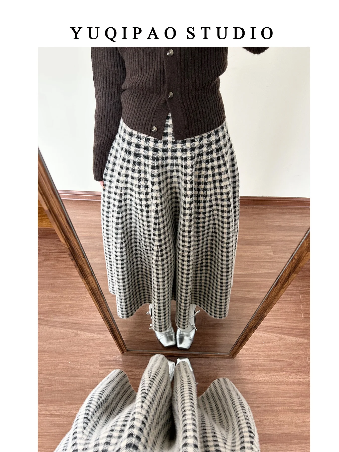 

Женская зимняя юбка миди А-силуэта в клетку больших размеров, с завышенной талией, повседневная, до колена, двухслойная, для стройнящего эффекта