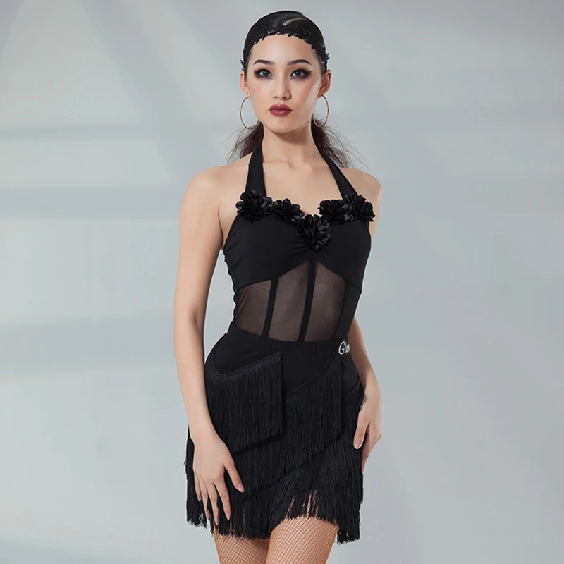 Adult Latin Dance Clothes Women Latin Stage Performance Costume Halter Mesh Black Dance Bodysuit Fringe Skirt Training Set 5883