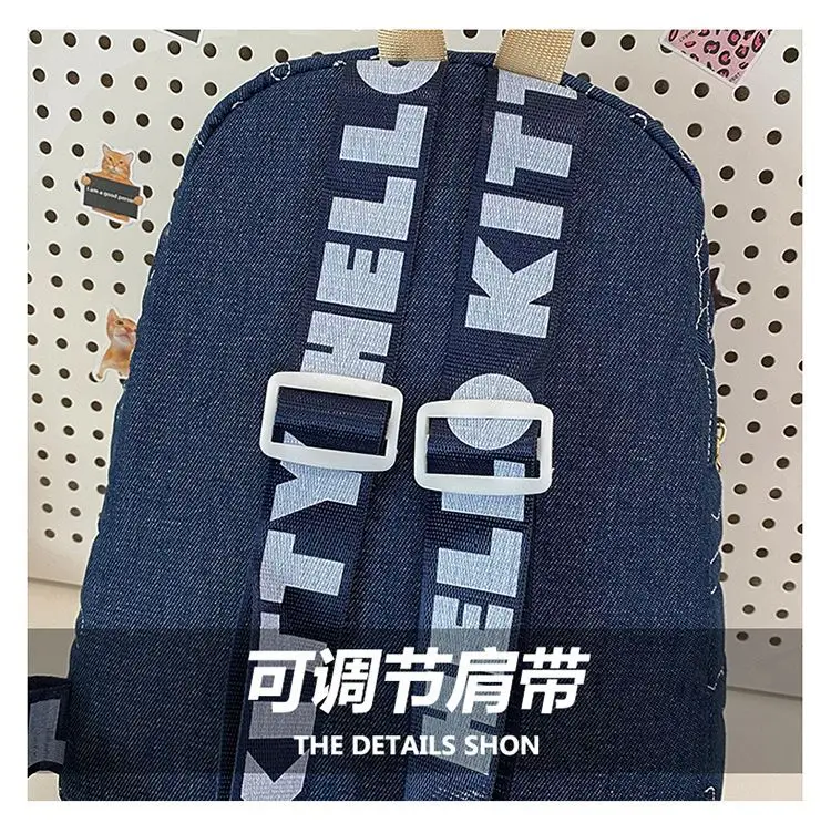 2025 hello kitty mochilas denim bordado casual ombro versátil multi-uso mochila sacos de moda para meninas mulheres