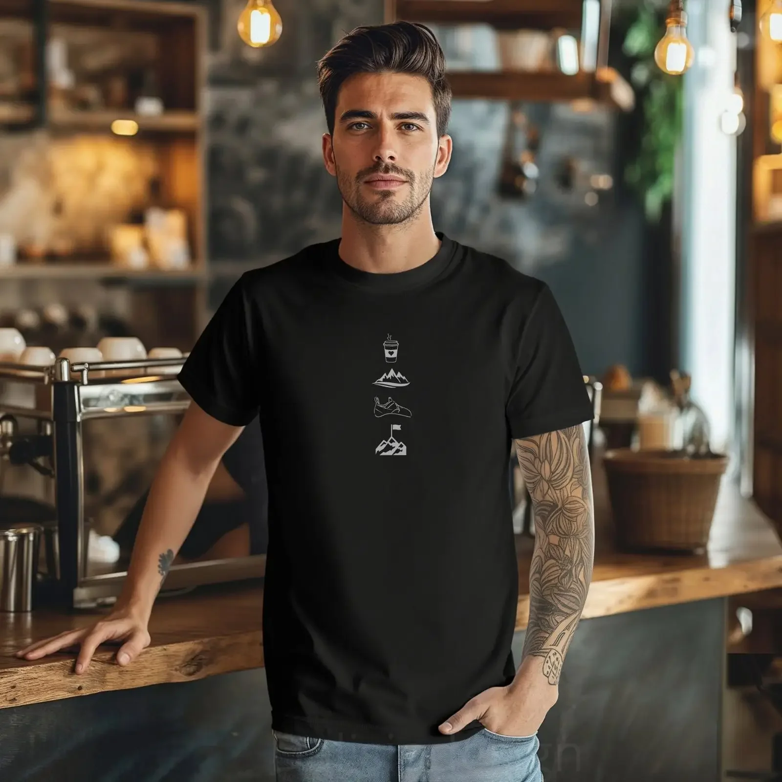 T-shirt de randonnée minimaliste « Coffee Climb Conquer » pour grimpeurs et bouldereurs – Style vintage délavé, confortable et design