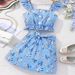 Two Piece Summer Girl Cute Cool And Breathable Printed Shoulder Strap Shorts Belt Decoration Princess Birthday Party Costume Set