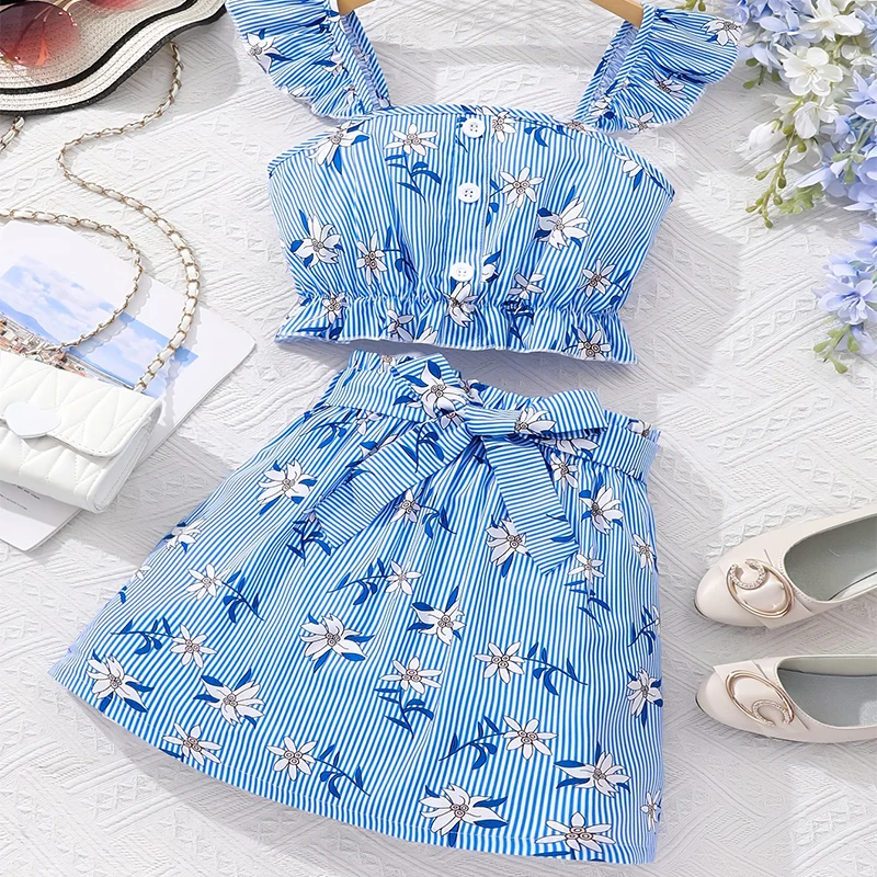 Two Piece Summer Girl Cute Cool And Breathable Printed Shoulder Strap Shorts Belt Decoration Princess Birthday Party Costume Set