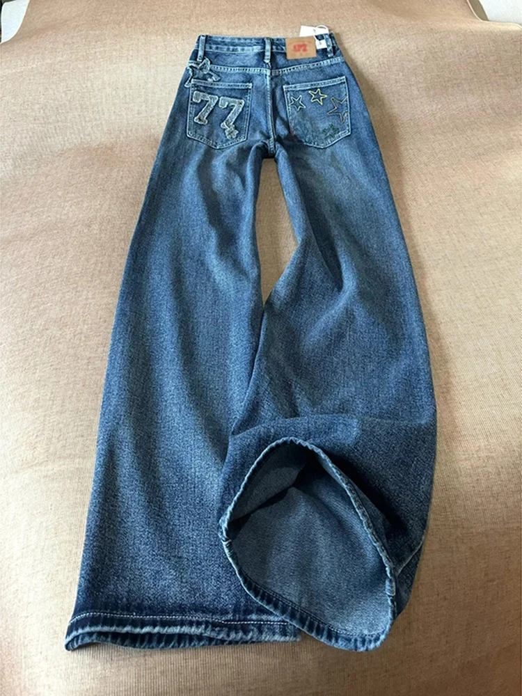 

American Style plus Size Retro Star Embroidery Wide Leg Denim Jeans Women's Casual High Waist Loose Straight Long Trousers