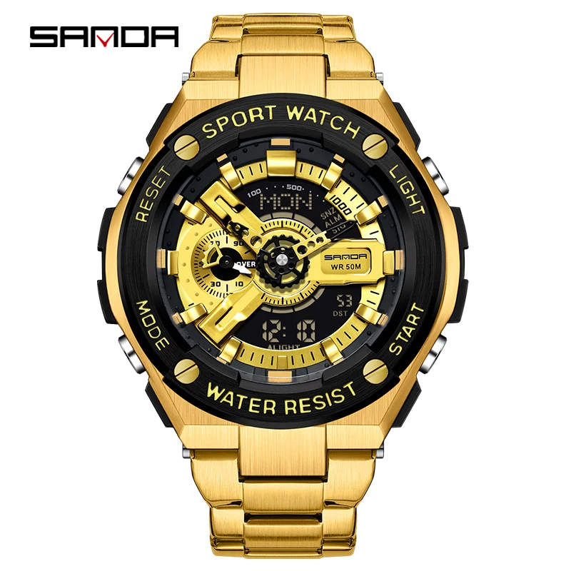 Fashion Sanda Top Brand Classics Sports Men Full Stainless Steel Quartz Led Digital Multifunctional Countdown Waterproof Watches