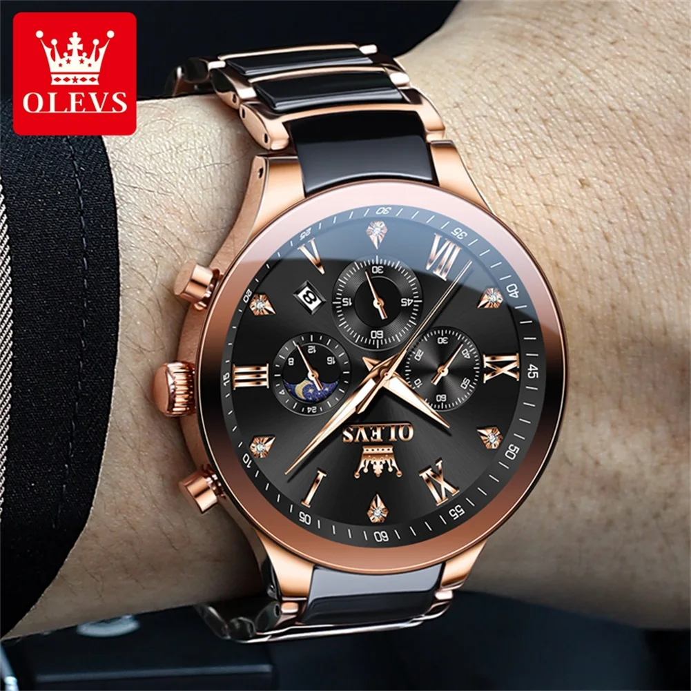 OLEVS Luxury Man Watch Elegant Ceramics Strap Men\'s Wristwatch Waterproof Chronograph Moon Phase Auto Date Quartz Watch for Men