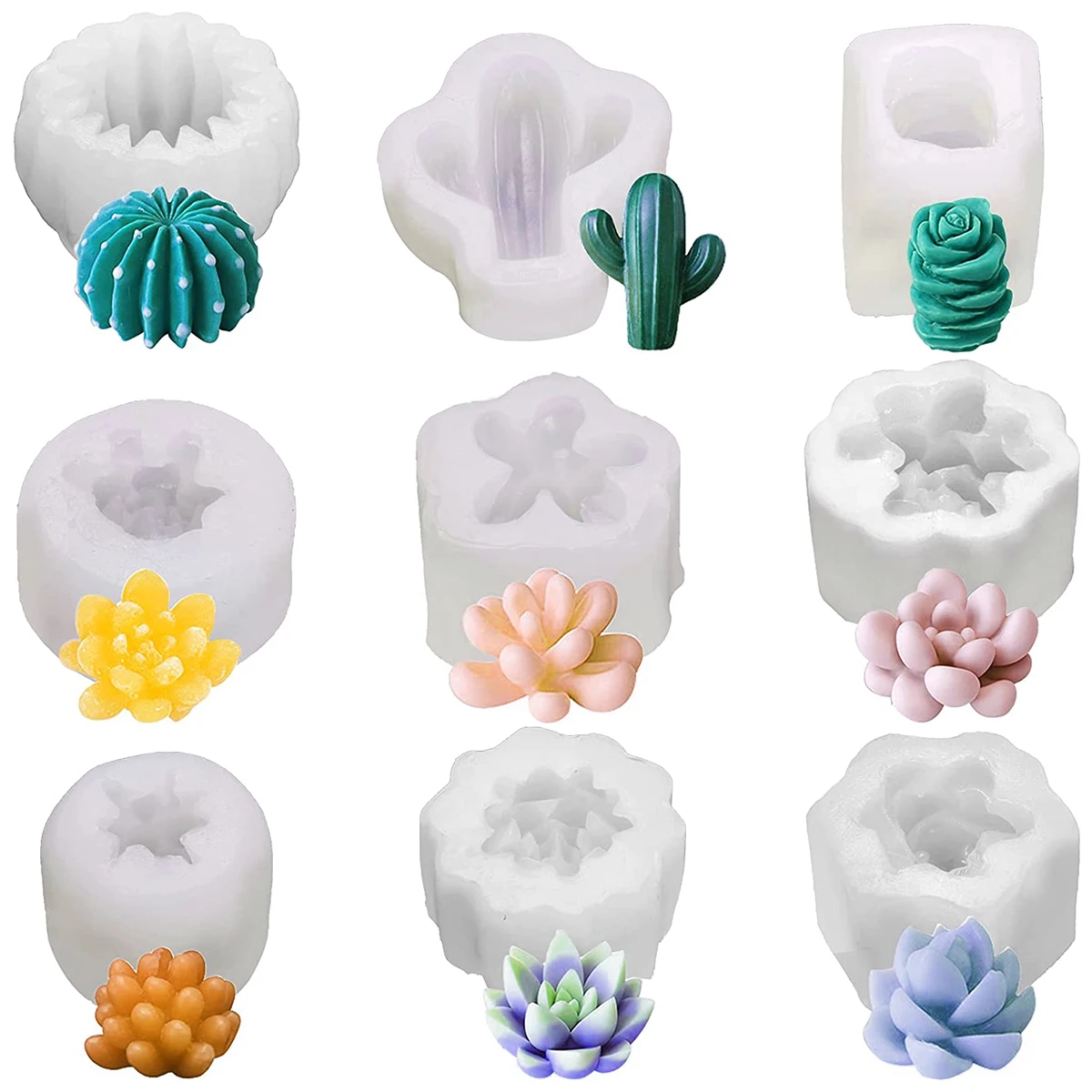 9Pcs Cactus Succulents Silicone Mold DIY Cacti Plants Candle Soap Aroma Plaster Cement Wax Making Cake Dessert Mousse Resin Mold