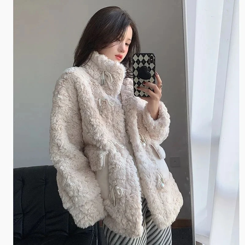 Stand Neck Faux Fur Jacket for Women Korean Fashion Long Sleeve Thicken Plush Coat Woman Faux Lamb Wool Warm Outwear