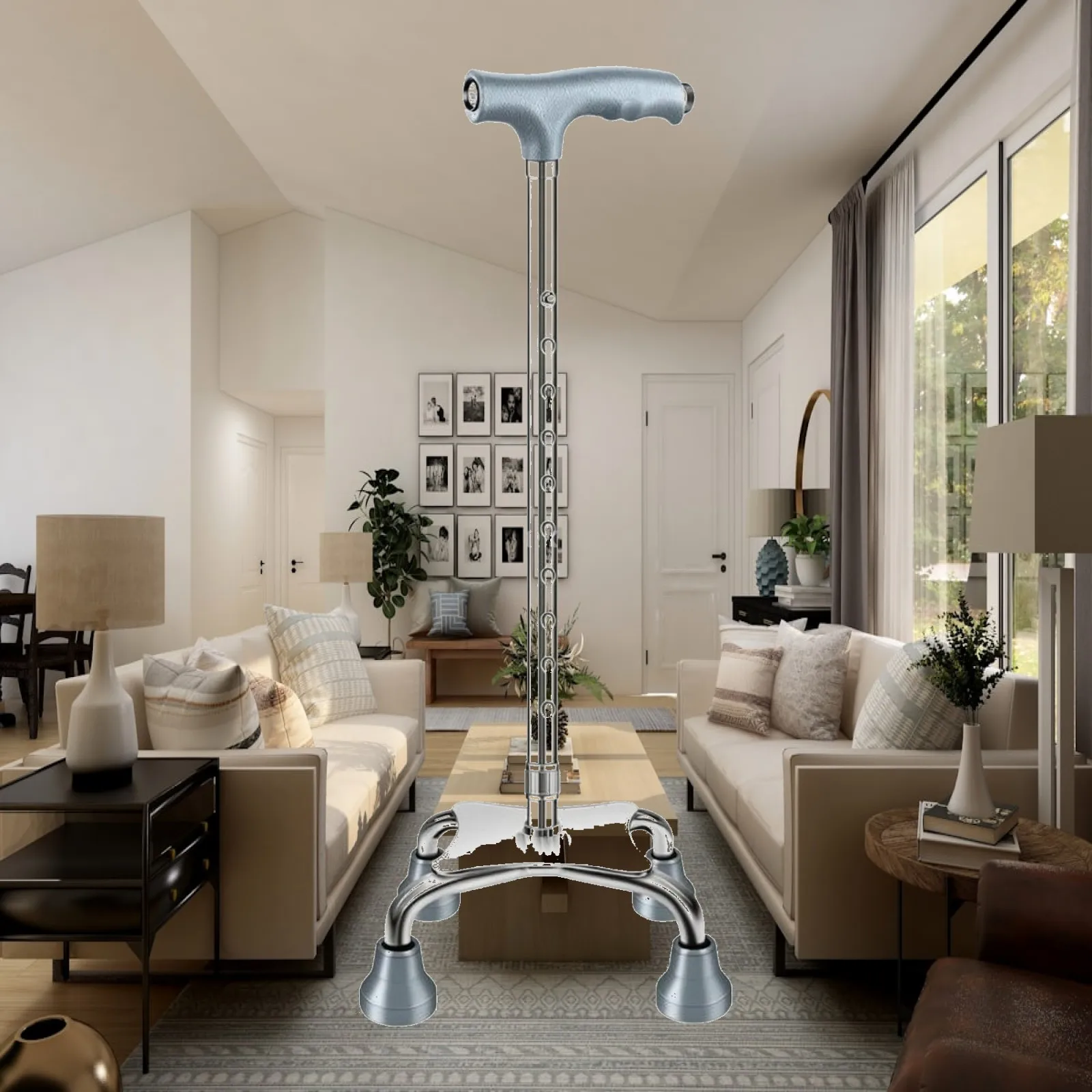 Lightweight Quad Cane Adjustable Height Walking Cane for Elderly Four Legged Base with Comfort Grip Handle