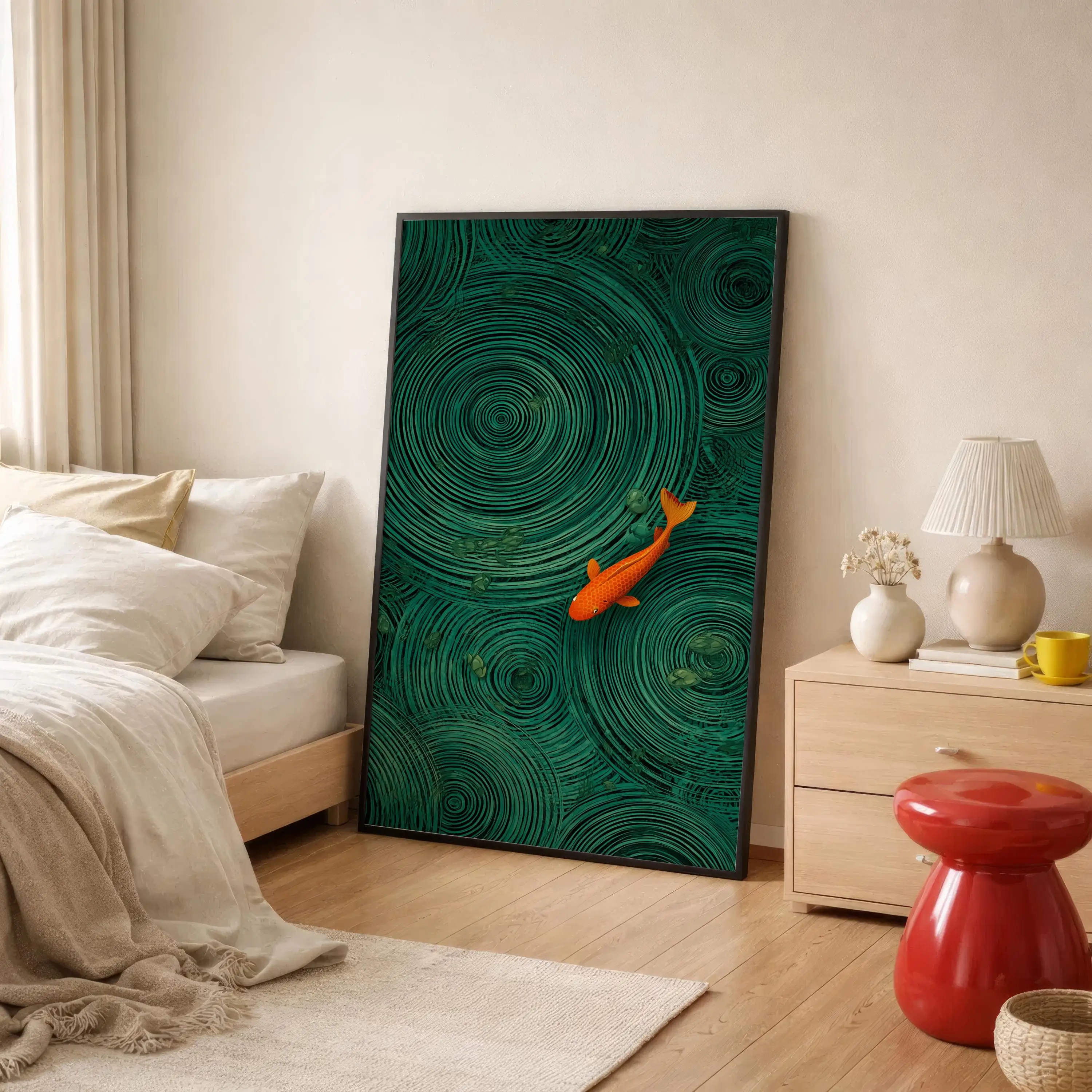 Japanese Wave Boat Koi Pond Ripple Watercolor Canvas Print Navy Blue Abstract Wave Japandi Minimalist Zen Wall Art Coastal Decor