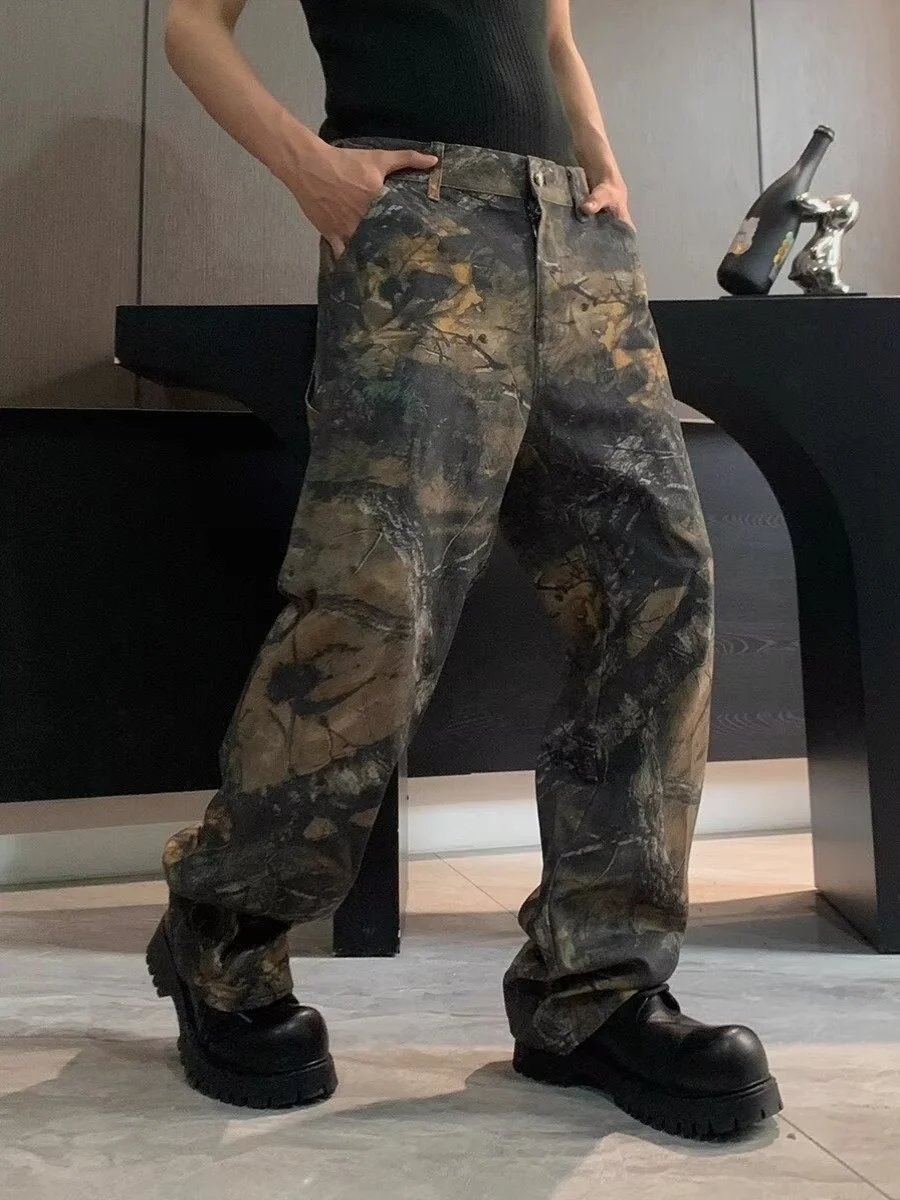 Retro American Street Sle Camouflage Loose Wide Leg Straight Workwear Pants Men Women Vintage Dirfit Youth Casual Jeans