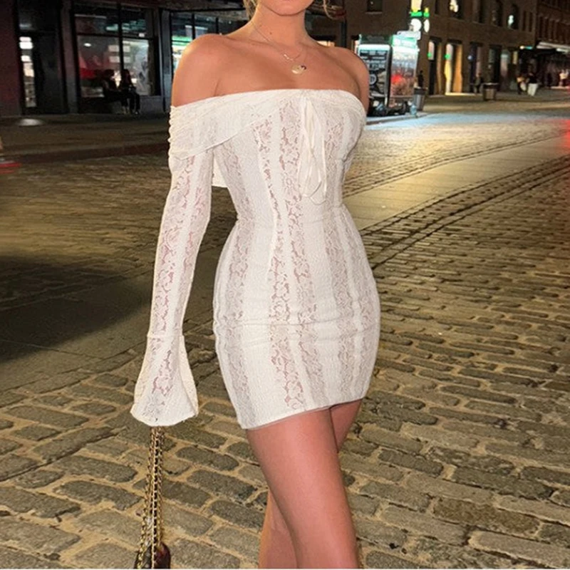 Y2k Floral Lace Sheer Flare Sleeve Mini Dresses for Women Cottage Off Shoulder Bodycon Dress Ladies Vintage Backless Short Dress