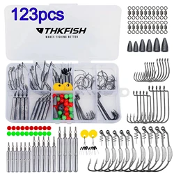 THKFISH Kit de anzuelos de pesca de 123 piezas/caja para montajes Texas, Carolina y Drop Shot, con plomos de pesca de 7g, 10g, 14g, anzuelos Wacky y set de cuentas
