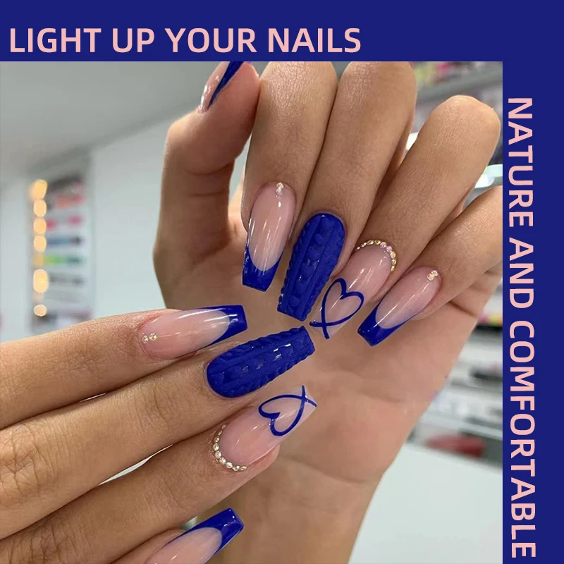 

Wearable Press on Nails 24/pack Simple Dicar Blue Glitter Diamonds Heart French Cool Summer Style Medium Fake Nail Free Toolkit