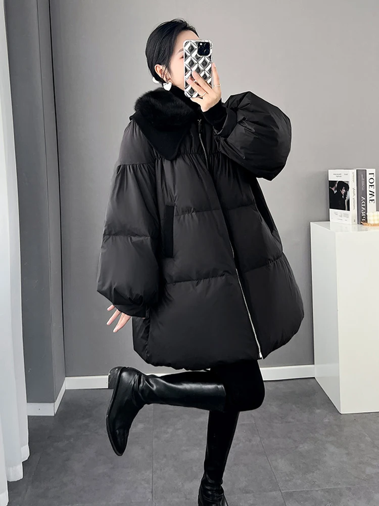 High Quality Mink fur collar down jacket for women 2023 Winter Oversized Lantern sleeve puffer coat Black Parkas INKEO 3O200