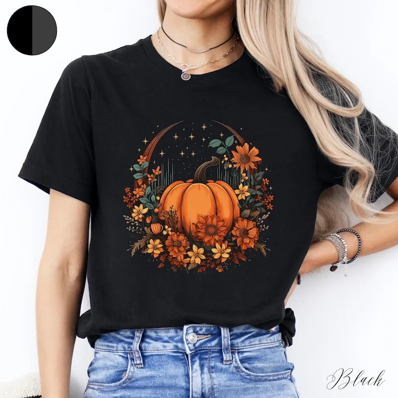 

Футболка на Хэллоуин с цветочным принтом тыквы Футболка с цветочным принтом тыквы Ботаническая осенняя одежда на Хэллоуин