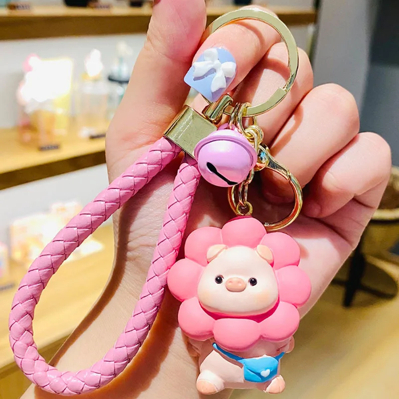 New Kid Cartoon Raincoat Pig Doll Metal Keychain Pink Yellow Blue Trinket Girl Boy Pendant Bag Car Key Ring Jewelry Lanyard Gift