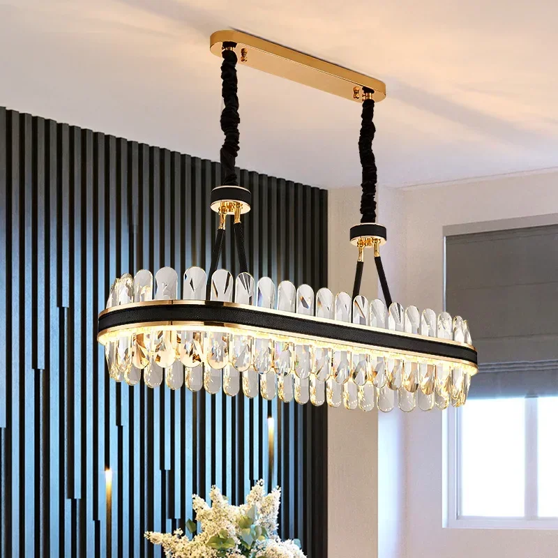 Modern LED Kitchen Chandelier Rectangular Crystal Chandelier Modern Designer Creative Leather Dining Room Lamp