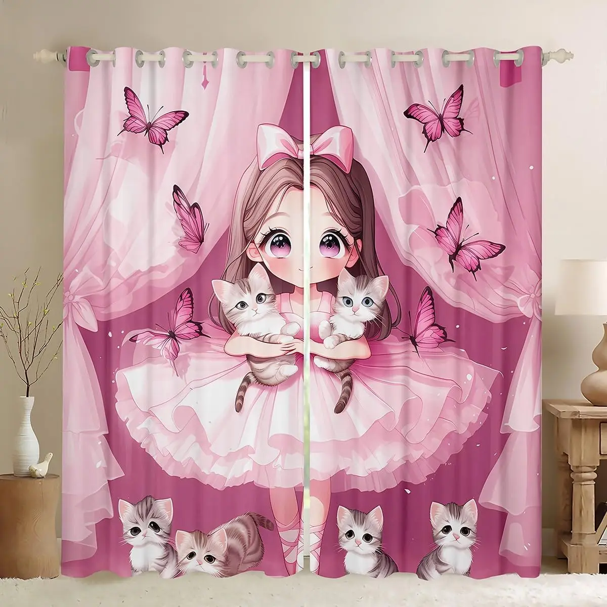 Sweet Kawaii Princess Cartoon Pink Curtain Cute Girl Kitten Butterfly Anime Window Drapes Nursery Room Decoration Panel for Kids