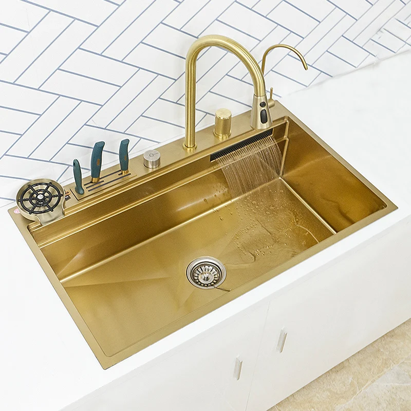 304 Stainless Steel  Waterfall Kitchen Sink Gold Modern Multifuctional Large Sink Above Counter Apron Front Installation