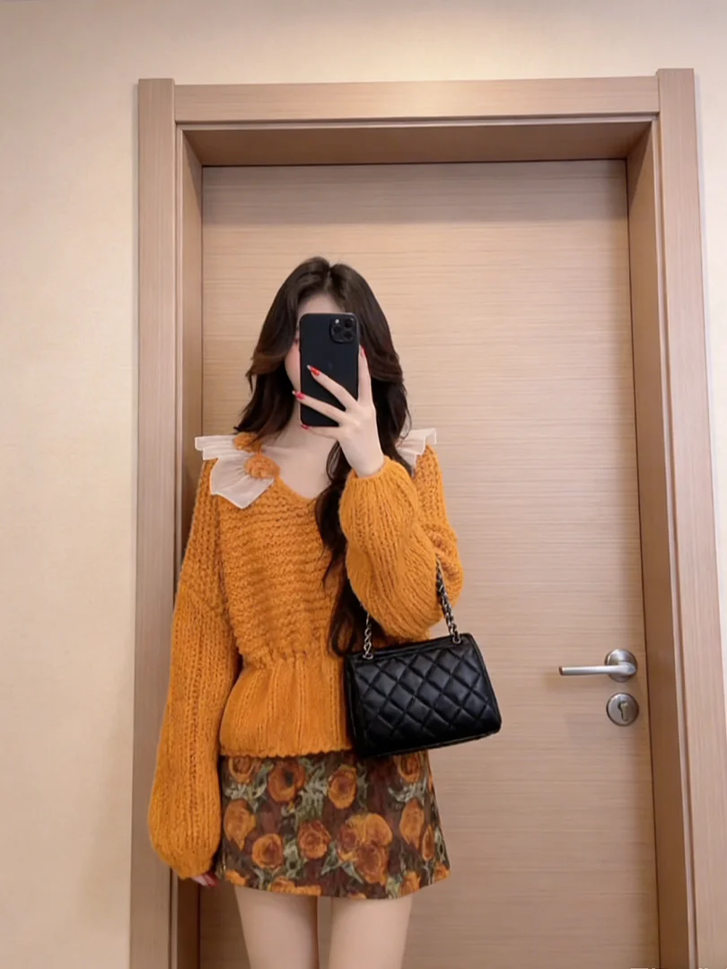 

Early Autumn Korean Sle Aosphere Rich Girl Ele Cool Miu Ootd INS ular Set High Waist ort Skirt V-ne Long Sve