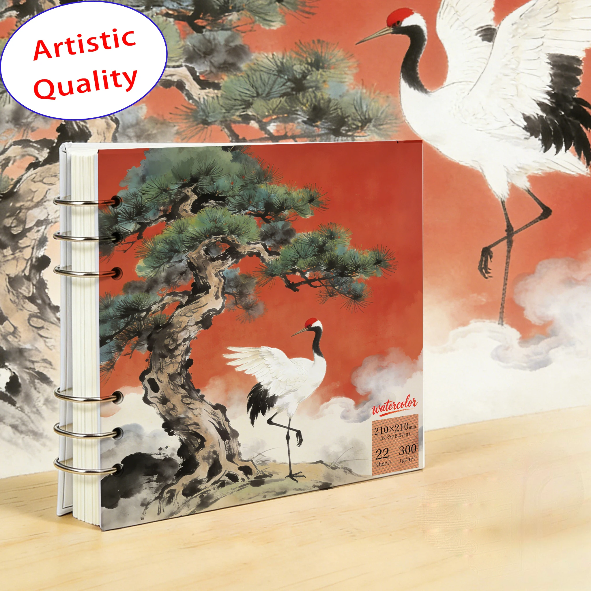 210x210mm Square Watercolor Pad 300gsm, Crane & Pine Ink Cover, Metal Ring-Bound Art Sketchbook for Back to School & Gifting