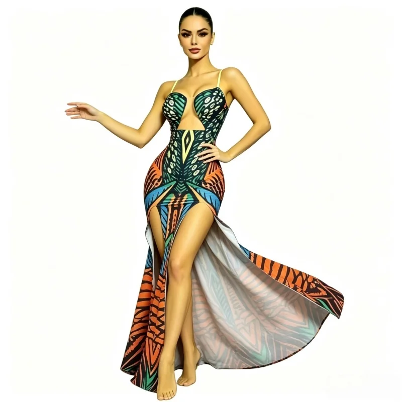 Women's Sexy Fashion Crystal Print Double Slit Long Sling Dress Beach Club Party Nightclub Stage Performance Singer Costume