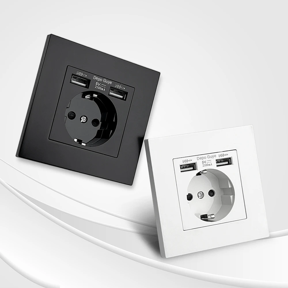 Toma de corriente de pared USB doble estándar de la UE, toma de corriente de pared con puerto de carga rápida Usb tipo c, toma de Panel de PC de 16A de 220V