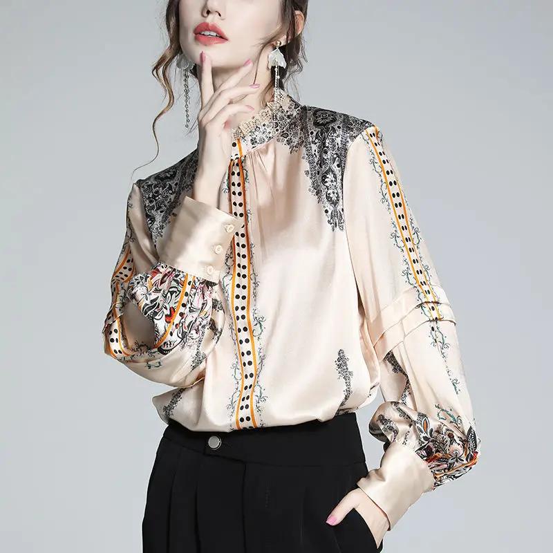 Silk Shirt Women's 2023 Spring New High end French Lace Collar Satin Top with Silk Print Underlay