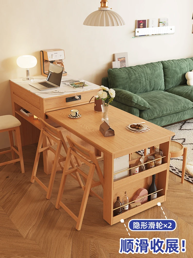 Island dining table integrated whole solid wood expandable household small unit