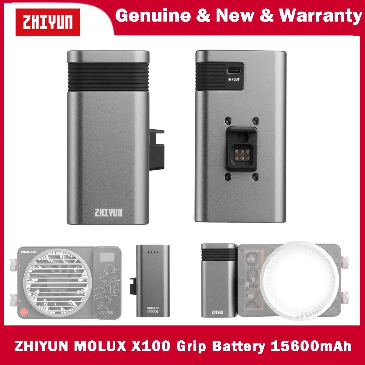 ZHIYUN MOLUS X100 Grip Battery 15600mAh USB Type-C DC Support PD Fast Charger for COB LED Video Light Photography Lighting