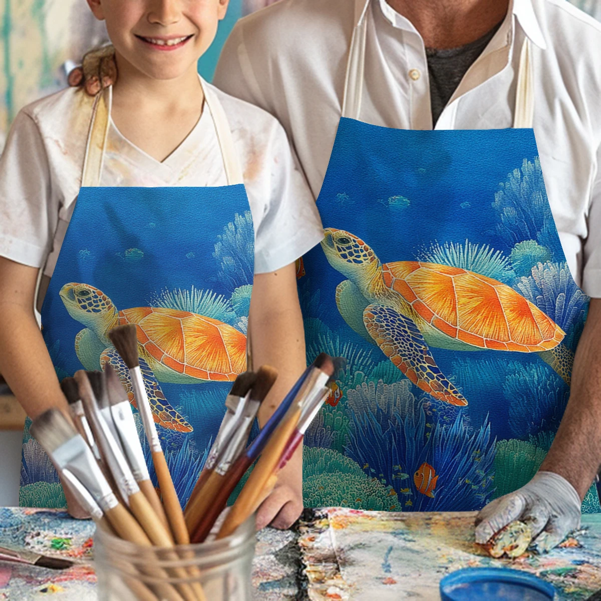 Vibrant Sea Turtle Pattern Polyester Apron - Stylist Apron for Art Painting Comfortable Apron for Home Crafting & Daily Use BIB