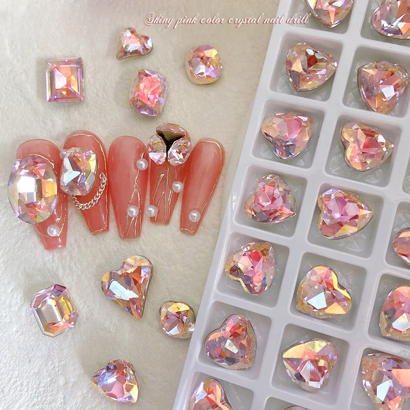 5pcs K9 Crystal Diamond Light Pink Fantasy Pointed Bottom Multicut Shining Nail Decorations Water Drop Fat Square Love Jewelry