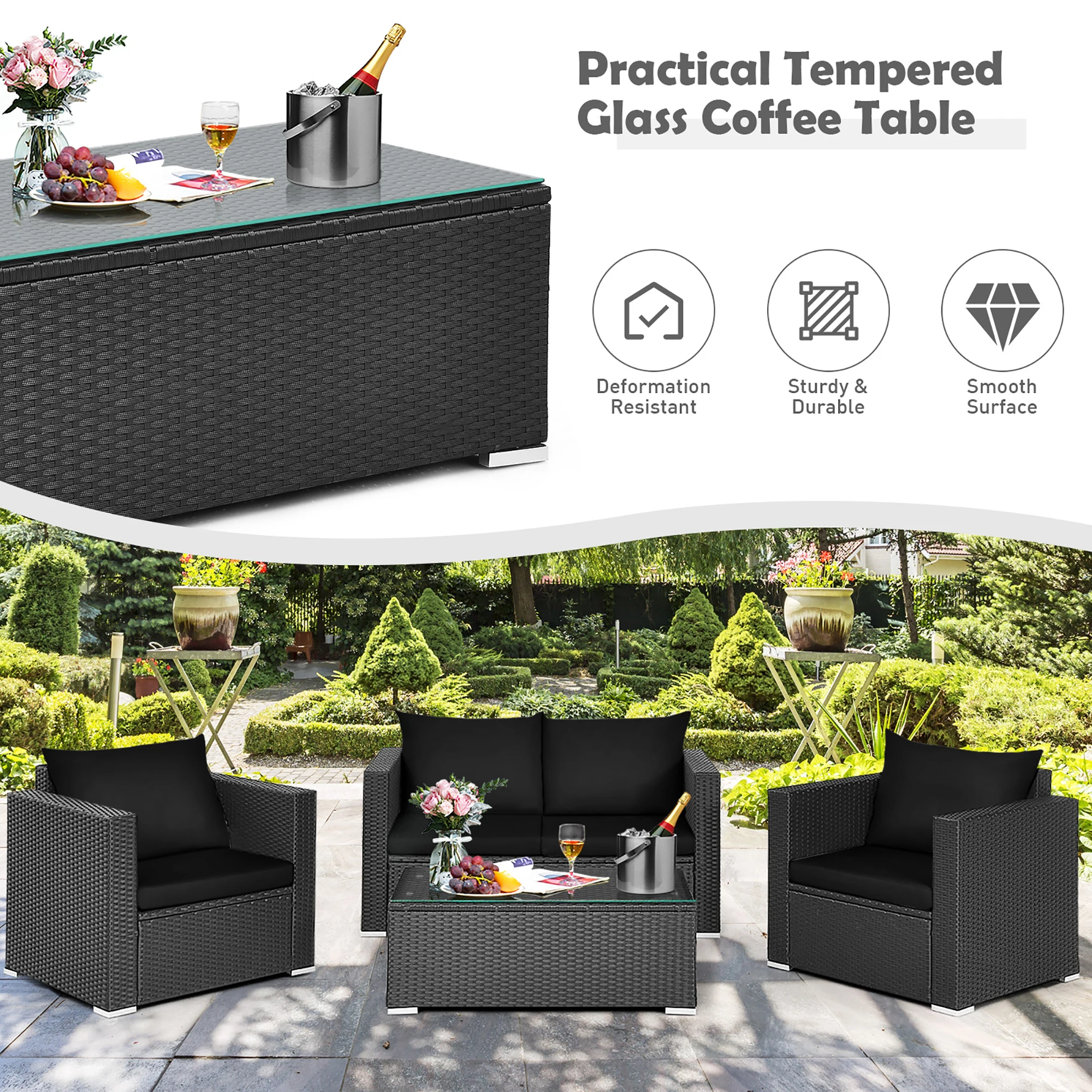 4PCS Patio Rattan Furniture Set Cushioned Sofa Chair Coffee Table Black