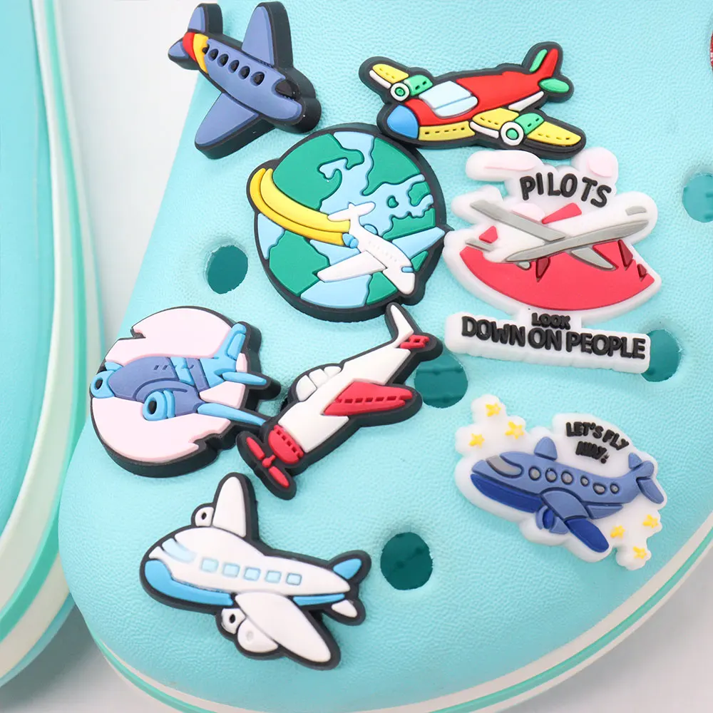 New Arrival 1pcs Cartoon Vehicle Airplane Pilots Fly Away Garden Shoes Button Decorations Hole Slipper Ornaments DIY Backpack