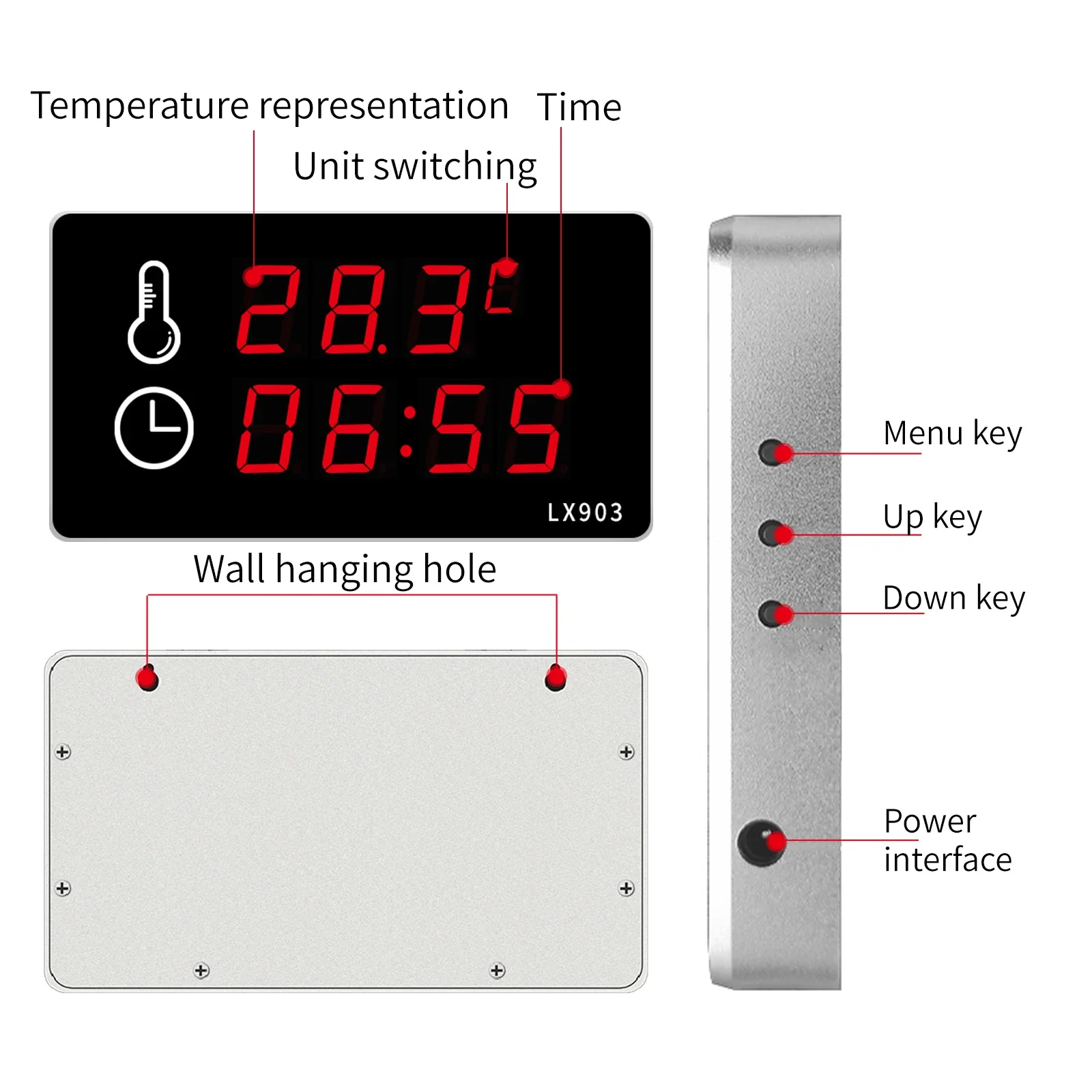 Imagem -03 - Medidor de Temperatura Industrial de Grande Display Led Relógio com Sensor de Temperatura Embutido Sauna da Piscina e Banheiro Lx903