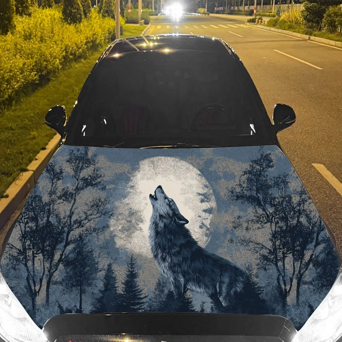 Car Decals Wolf in Moonlit Woodland with Textured Background & Artistic, Atmospheric Visual Details Car Hood Sticker, Waterproof