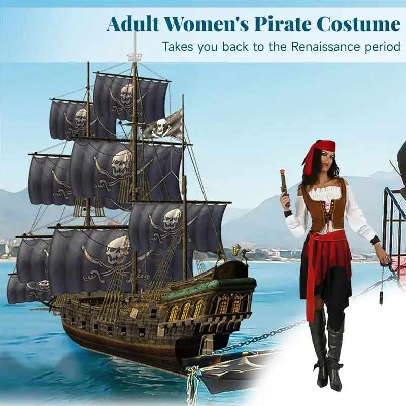 Adult Pirate Costume Women'S Pirate Outfit For Cosplay Include Shirt Skirt Vest Headband Belt One Size Fits All Pirate Costume