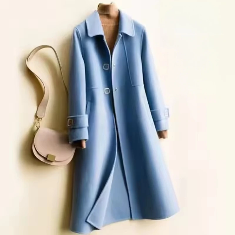 Winter Warm Women's Woolen Jackets Single Breasted Fashion Doll Neck Long Coat Handmade Female Overcoat