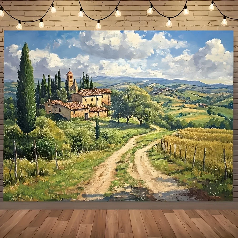 Tuscany Countryside Tapestry 2D Flat Wall Hanging Italian Villa Landscape Decor for Living Room Bedroom Oil Painting Style