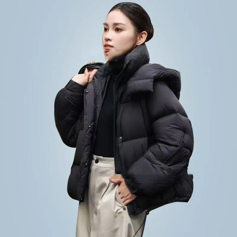 Zimowa Elegancja Krótka Kurtka Puchowa z Kapturem Damska Biała Kurtka z Puchu Kaczego ze Sznurkiem Damska Gruba Ciepła Luźna Kurtka Parker Odzież Wierzchnia