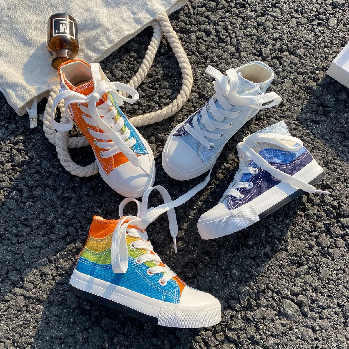 

Children High Top Canvas Shoes Panelled Girls Side Zippers Canvas Shoes Boys Casual Shoes Front Lacing Antiskid Wear Resistant