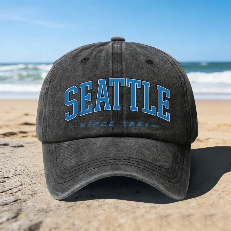 Seattle Since 1851 Print Baseball Cap Unisex Adjustable Cotton Washed Denim Hat for Beach Travel Outdoor Activities