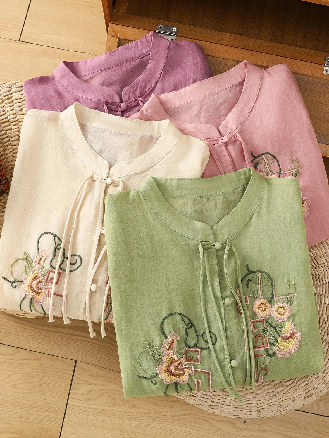 Ele bordado algodón lino irt mujer verano Faionable mamá Stand Collar blusa chino Sle abotonada Svel