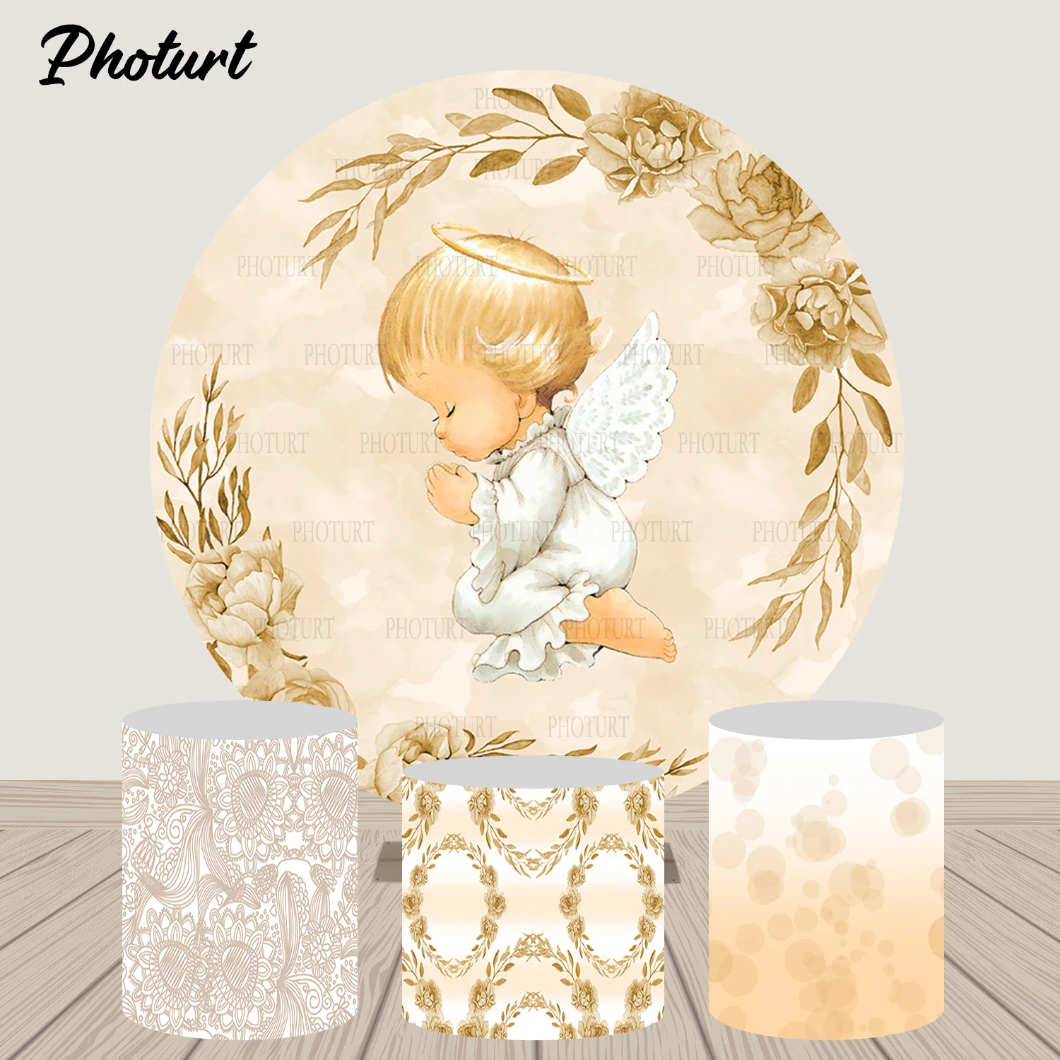 Round My Baptism Angel Backdrop Kids Birthday Baby Shower Background Circle Cylinder Surface Communion Banner Decoration Props